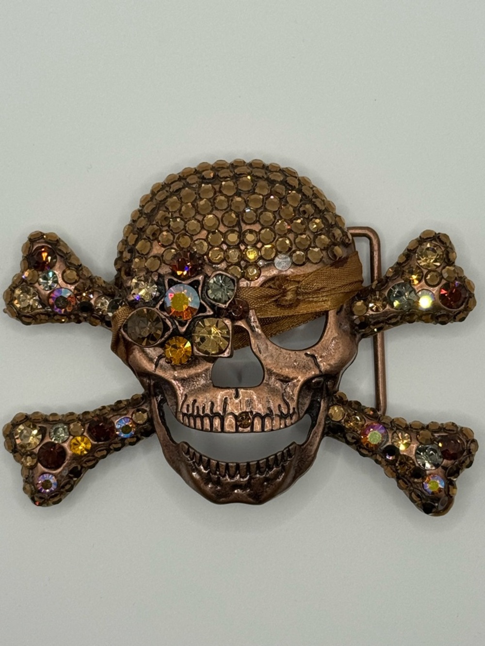 Rhinestone Skull & Crossbones Belt Buckle Bronze Pirate Style